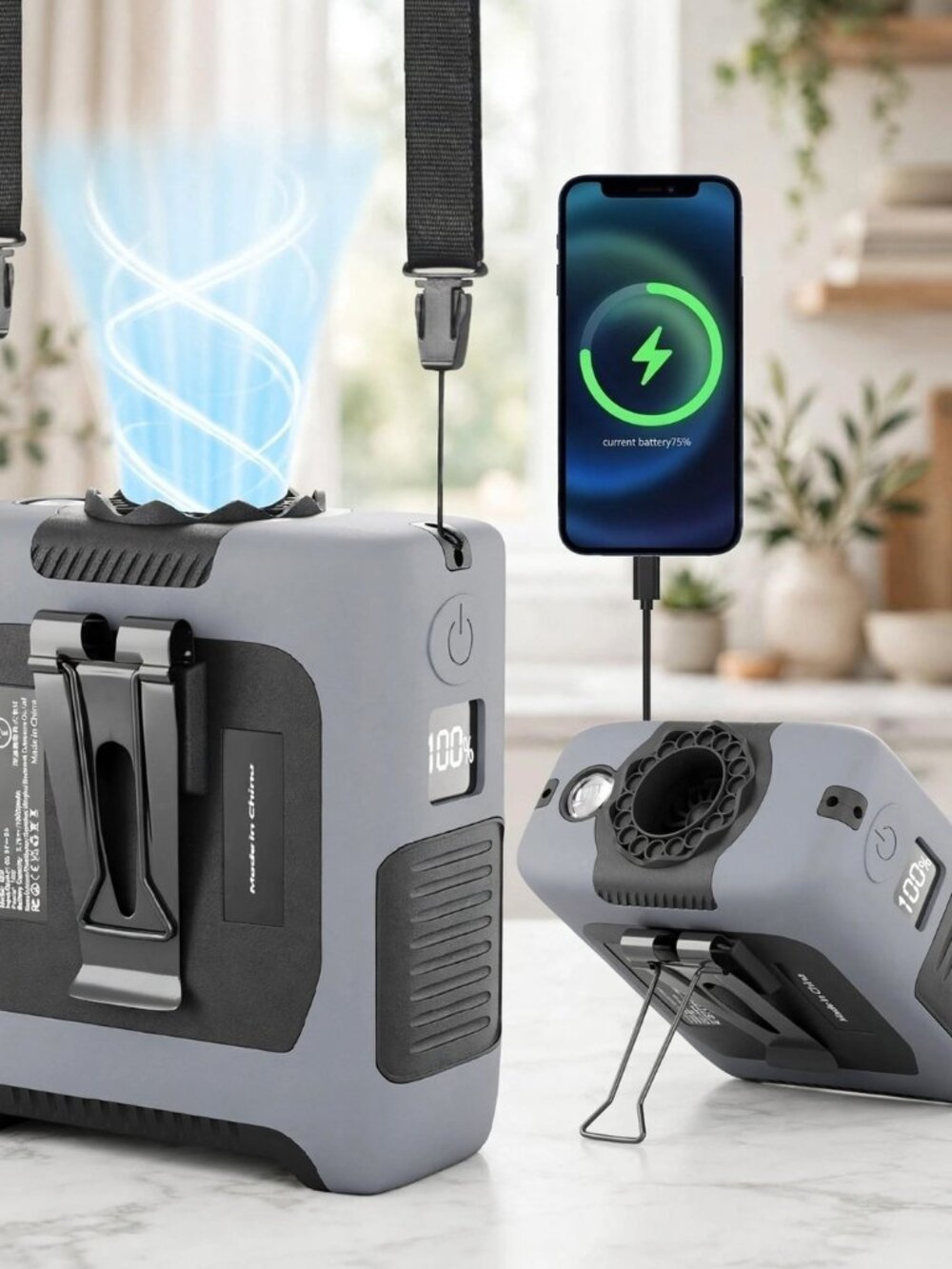 10000mAh Portable Waist Fan with Flashlight - 5 Speed Rechargeable